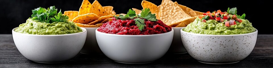 Wall Mural - Three bowls of guacamole and tortilla chips on a table