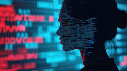Cloud storage Globalization communication network Digital silhouette of woman with binary code overlay, representing technology