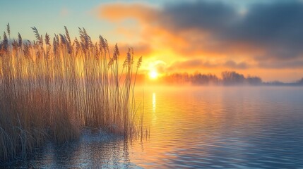 Wall Mural - sunrise over misty lake with reeds.