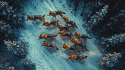 Wall Mural - Aerial view of a wolf pack running through a snowy forest.