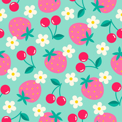 cute strawberry, cherry and flower seamless pattern for spring season background.