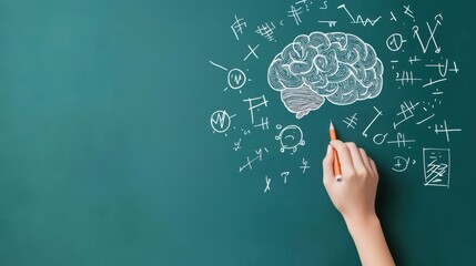Wall Mural - A hand drawing a brain on a chalkboard, surrounded by mathematical formulas and scientific symbols, suggesting scientific discovery and innovation.