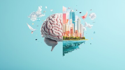 Wall Mural - A split view of a human head, with one side showing a realistic brain and the other side depicting a vibrant cityscape, representing the power of the mind.