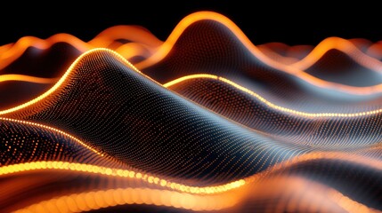 Wall Mural - abstract orange glowing particles forming wavy landscape on black background.