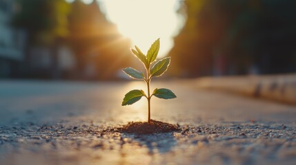 Wall Mural - A small plant sprouting from the ground, reaching towards the sunlight, symbolizing the early stages of idea development and growth.