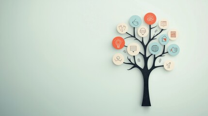 Wall Mural - A tree with branches reaching out in different directions, each branch adorned with symbols of creativity, representing the diverse outcomes of a single idea.