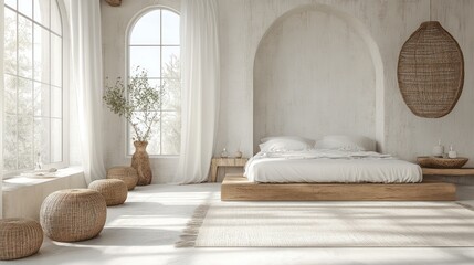 Wall Mural - Sunlit minimalist bedroom with wooden platform bed, arched wall, and natural textures.