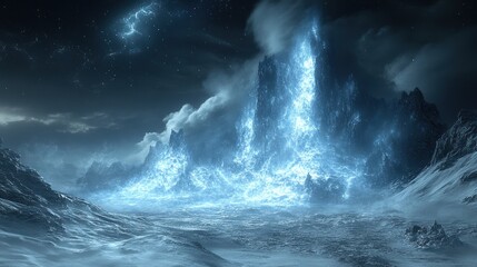 Wall Mural - glowing icy peak in a snowy, starry night landscape.