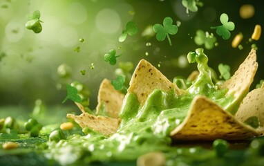 Wall Mural - St Patrick Day flying nachos with melted green cheese splashes on natural background