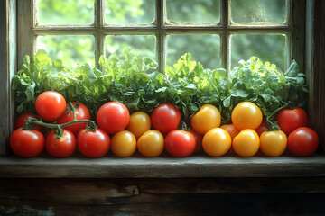 Sticker - Colorful Tomatoes On Rustic Windowsill