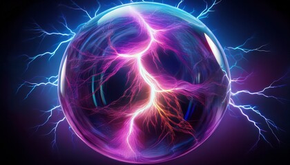 Wall Mural - Close-up of a lightning strike within a plasma globe, with electric tendrils glowing in neon purple, creating an electrifying and mesmerizing visual.
