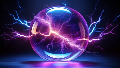 Wall Mural - Close-up of a lightning strike within a plasma globe, with electric tendrils glowing in neon purple, creating an electrifying and mesmerizing visual.
