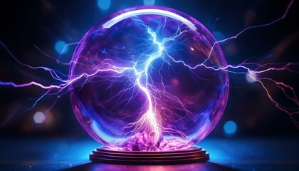 Wall Mural - Close-up of a lightning strike within a plasma globe, with electric tendrils glowing in neon purple, creating an electrifying and mesmerizing visual.
