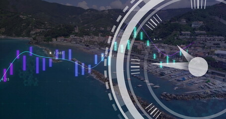 Wall Mural - Image of financial data processing and clock over cityscape