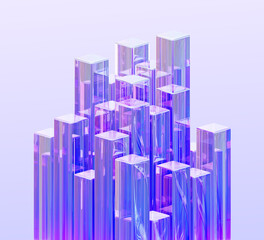 Wall Mural - 3d crystal glass rectangle cube pillars with holographic neon light gradient. abstract geometric pur
