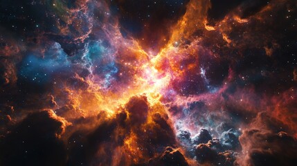Dramatic cosmic nebula with vibrant orange and blue hues in deep space, swirling clouds and interstellar dust. Galactic formation and outer space exploration concept