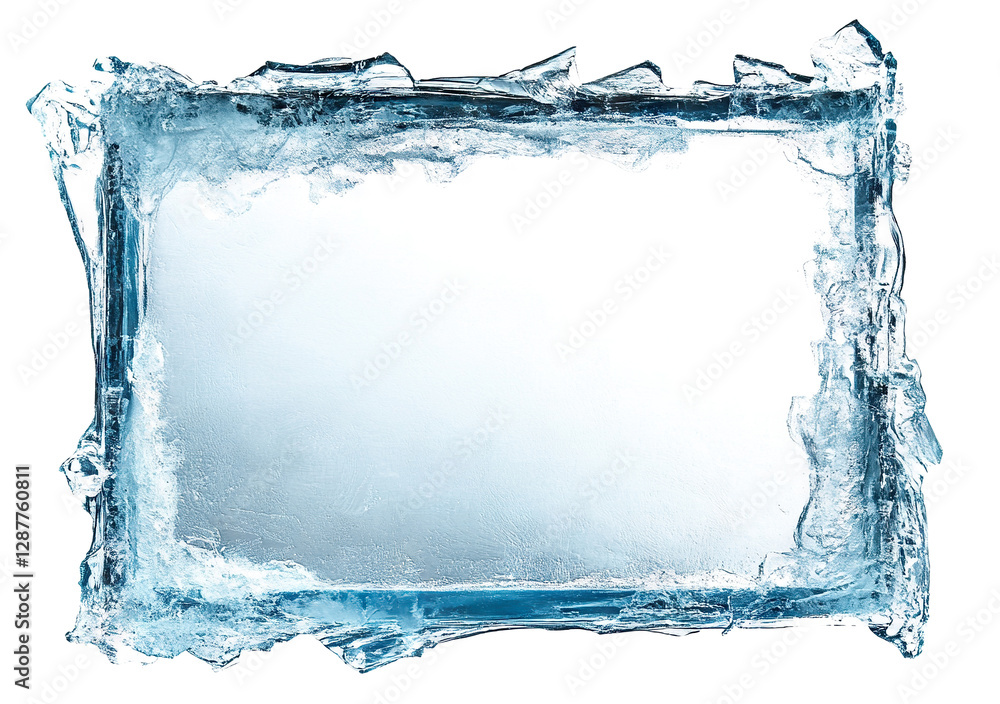 Frosted rectangular ice frame with textured edges, isolated on a ...