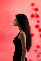 Wall Mural - A woman in a black dress stands in front of a red wall. The woman is wearing a red lipstick and has long black hair. The image has a romantic and elegant mood