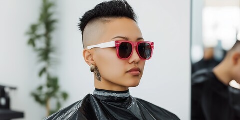 Wall Mural - A woman with a short haircut and a pink pair of sunglasses. She is sitting in a chair in a salon