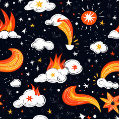 fantasy sky pattern clouds with fire, suns, stars, raining down into a cup. black space background