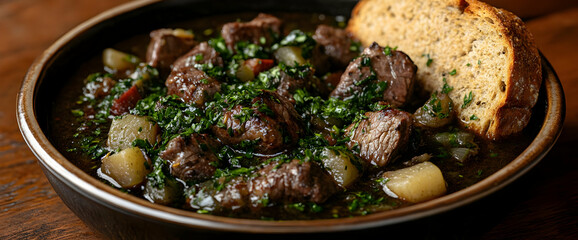 Wall Mural - Hearty Beef Stew in Dark Brown Bowl with Crusty Bread