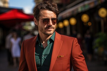 Wall Mural - A man in a red suit and sunglasses stands in front of a red umbrella