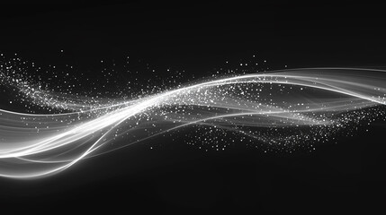 Wall Mural - abstract white light waves on black background - modern digital art with glowing particles