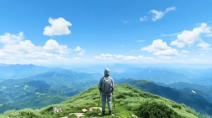 Wall Mural - Adventurous hiker enjoying a breathtaking mountain view on a clear sunny day