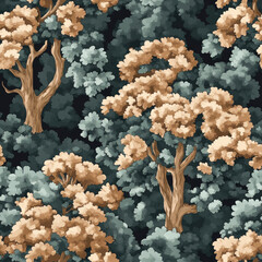 Forest canopy overhead view. Trees intertwine, stylized rendering against dark, dense undergrowth backdrop