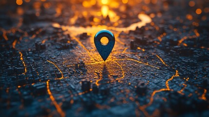 Poster - Map with glowing location pin over illuminated city streets at dusk, abstract technology navigation concept