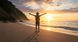 Person Embracing the Ocean at Sunset on a Sandy Beach
