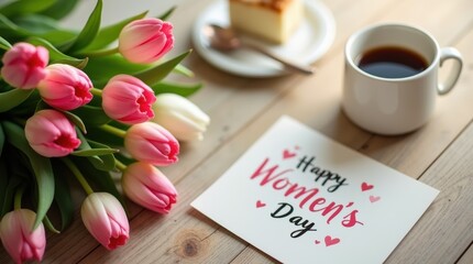 A joyful celebration of International Women’s Day with a bouquet of fresh pink and white tulips, a greeting card with ‘Happy Women’s Day’ written in cursive, and a cup of coffee on a cozy wooden table