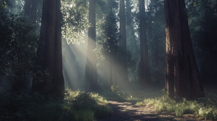 Wall Mural - Sunbeams Illuminating Redwood Forest Path