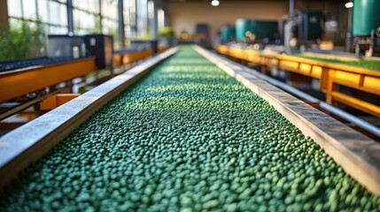 Wall Mural - Green agricultural produce on conveyor belt in industrial facility with machinery in background