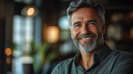 Wall Mural - Man with a big smile on his face is standing in front of a plant. He is wearing a black shirt and he is happy