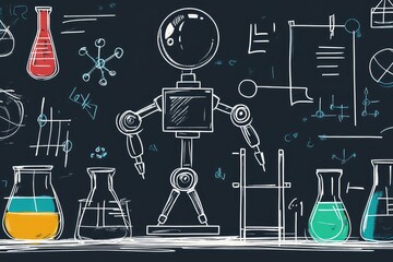 A high-quality digital graphic of a STEM education concept banner, integrating hand-drawn icons of robotics, coding, and scientific experiments.