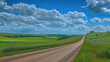 © SMART.art - Wide road into distance, flanked by green fields and blue sky. High-definition, horizontal composition. Serene beauty.