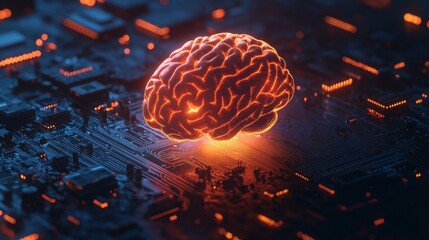 Poster - Glowing brain on digital circuit board with blue and orange light, futuristic and technological concept