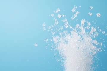 Wall Mural - Falling White Sugar Crystals against a Light Blue Background