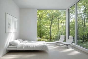 Modern minimalist home interior features large windows overlooking lush green forest landscape. Generative AI