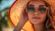 © Nataliia_Trushchenko - Woman wearing a straw hat and sunglasses is smiling. She looks happy and relaxed. The hat and sunglasses give her a beachy, summery vibe