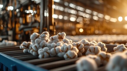 Leinwandbilder - Cotton Production Process in Industrial Factory with Soft Bolls on Conveyors Bathed in Warm Lighting of a Busy Manufacturing Environment