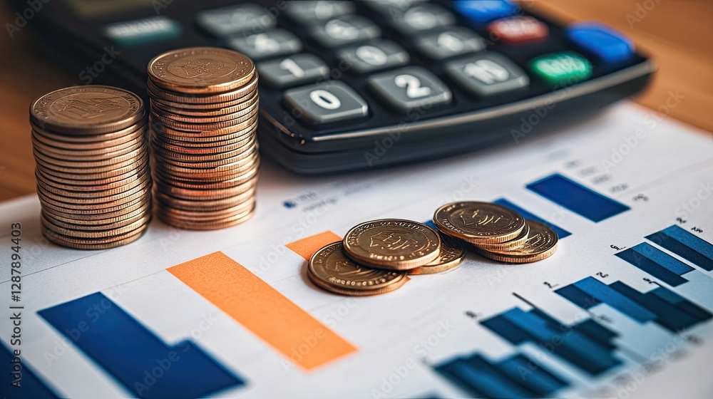 Coin Stack Arithmetic Program A financial calculator, stack of coins, and a bar graph on a modern ...