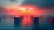 © Phung - Dramatic sunset illuminates mysterious cube pathway foggy landscape. AI Generated