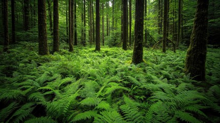 Wall Mural - a lush forest with tall trees and a carpet of ferns and moss covering the forest floor.