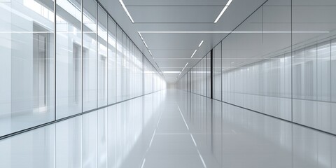 clean glass walls line the long, light-filled office corridor