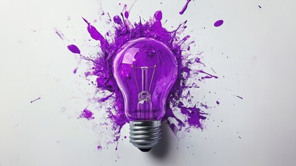 Poster - Purple light bulb with paint splatter on white background, symbolizing creativity and innovation