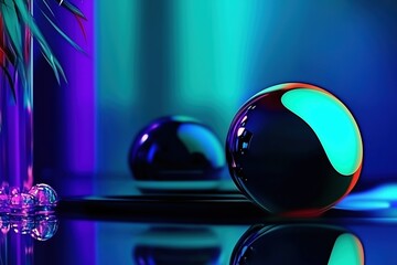 A close-up of two glossy spheres reflecting vibrant blue and green lights, set against a softly blurred background with hints of foliage. The scene conveys a modern and artistic ambiance.