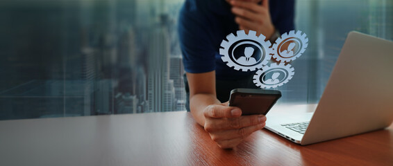 Human resource management technology (HR), Human resource manager touching human resource network structure and checks the CV online to choose the perfect employee for company, Effective recruitment.