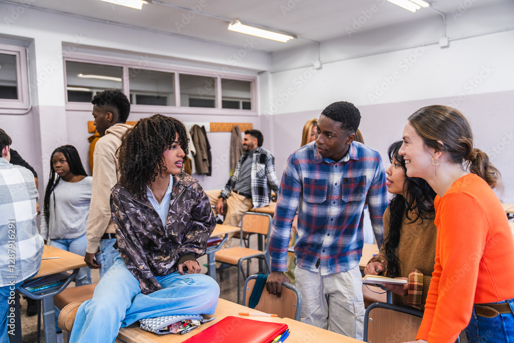 High school students collaborating on a project in classroom Stock ...